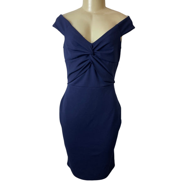 Quiz Navy Blue Off-Shoulder Twist Knot Women's Knee Length Bodycon Dress Sz 14