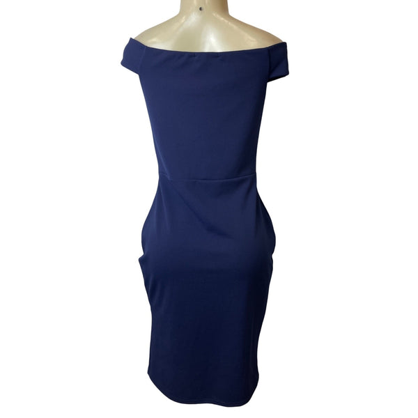 Quiz Navy Blue Off-Shoulder Twist Knot Women's Knee Length Bodycon Dress Sz 14