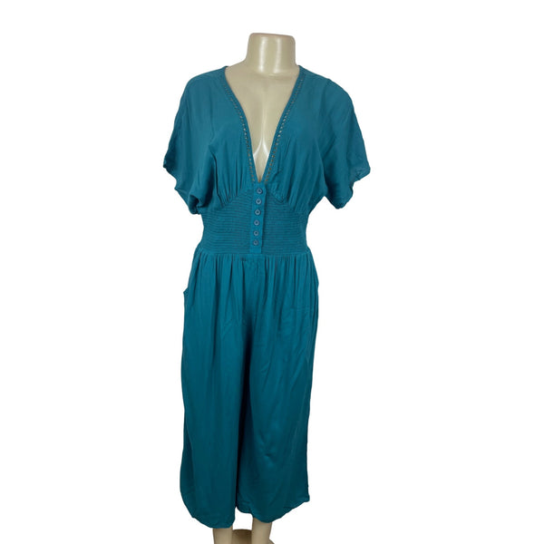 Patrons of Peace Women's Teal Short Sleeve Button-Front Jumpsuit Sz M - New