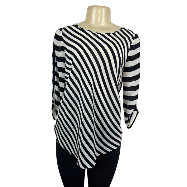 BCBGMaxAzria Womens Black & White Striped Silk Open-Back Blouse Size S