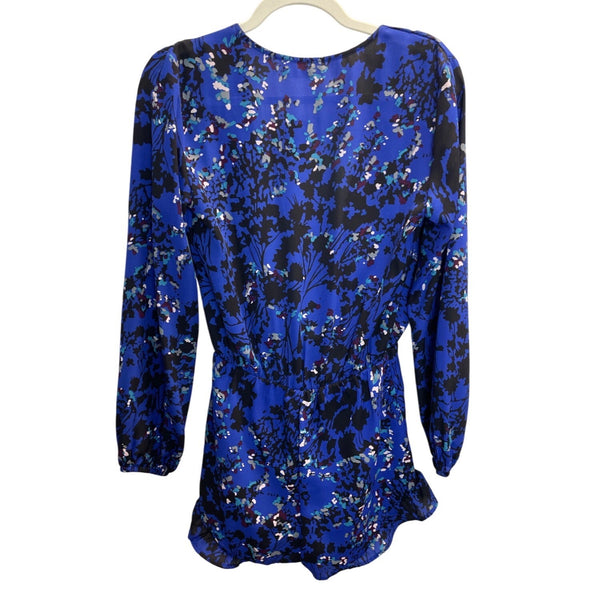 Sady & Lu Womens Blue Multi Floral Long Sleeve Romper With Deep V-Neck Size S