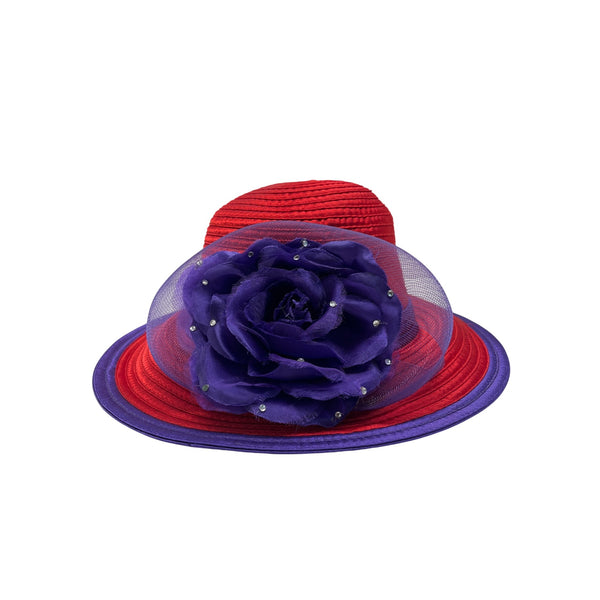 Red & Purple Womens Polyester Hat With Decorative Flower