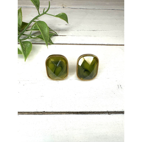 Vintage Gold Tone with Green Rock Clip On Earrings