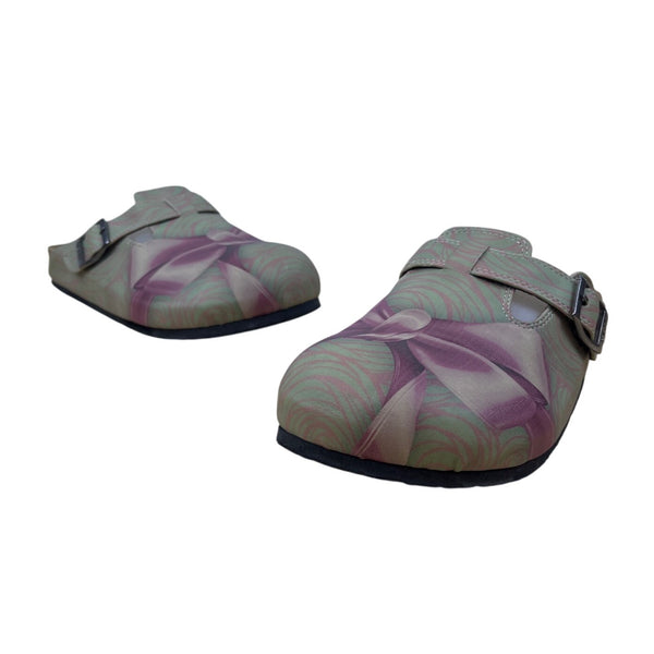 Goby Womens Green & Purple Bow Print Adjustable Buckle Slip-On Clogs Size 38