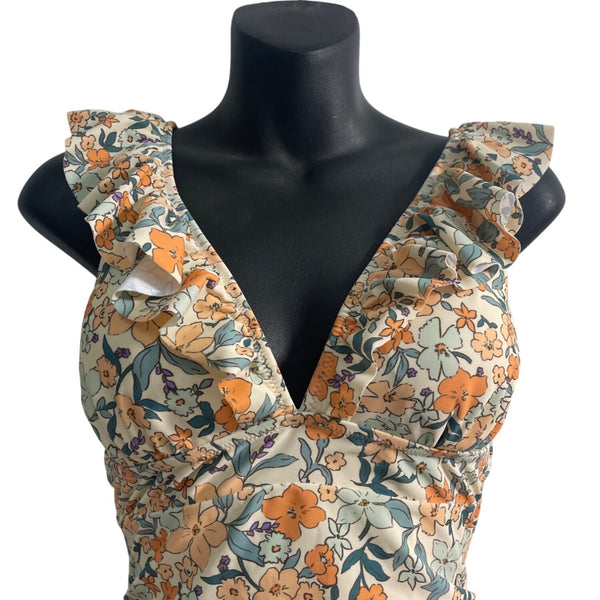 Floral Ruffled One-Piece Swimsuit By Cupshe For Women M Polyester & Spandex Blend Orange & Green Floral Print