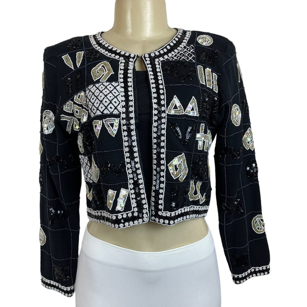 Vtg Linda Rico Beaded Sequin Black Jacket Geometric Patterns Embellishments Sz S