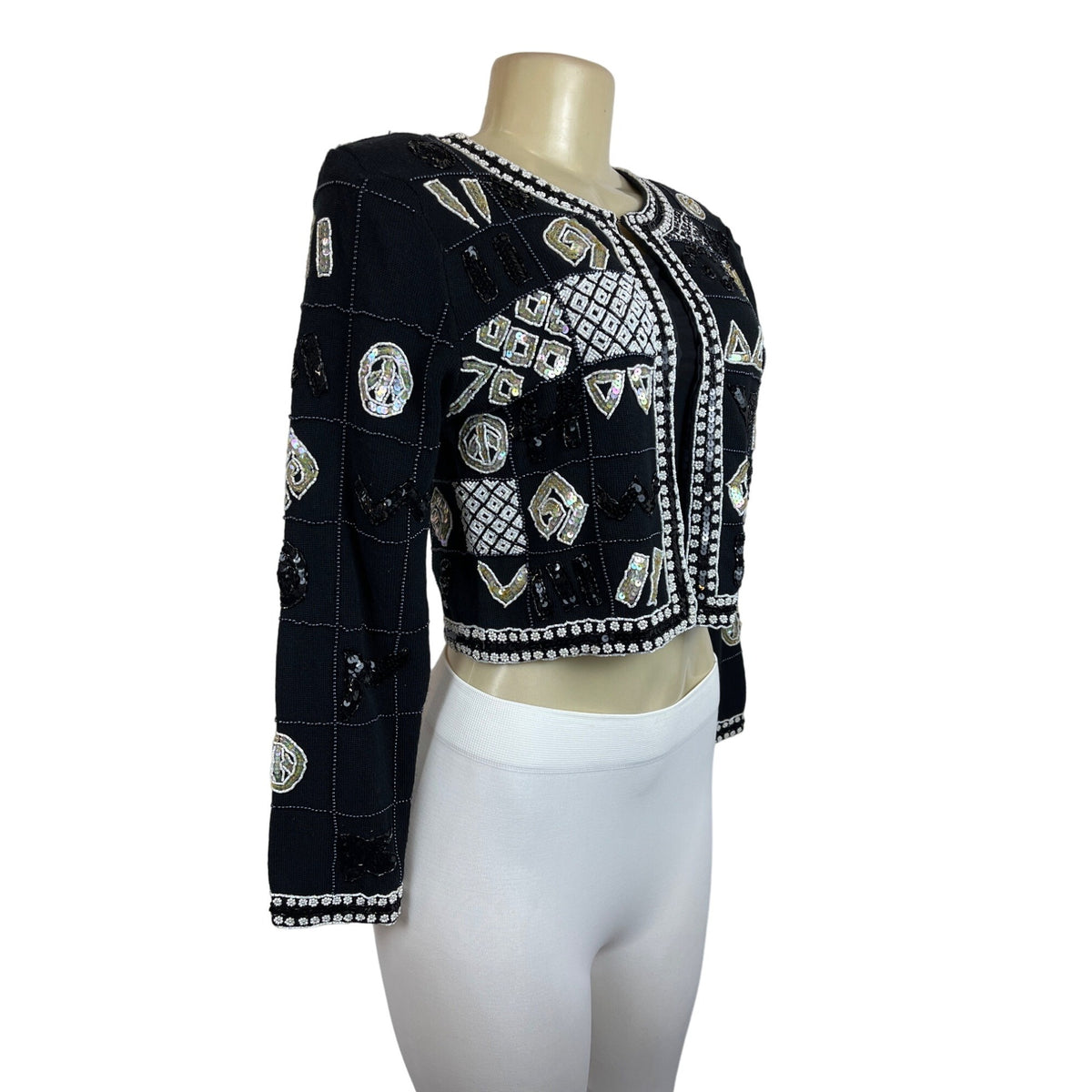 Vtg Linda Rico Beaded Sequin Black Jacket Geometric Patterns Embellishments Sz S