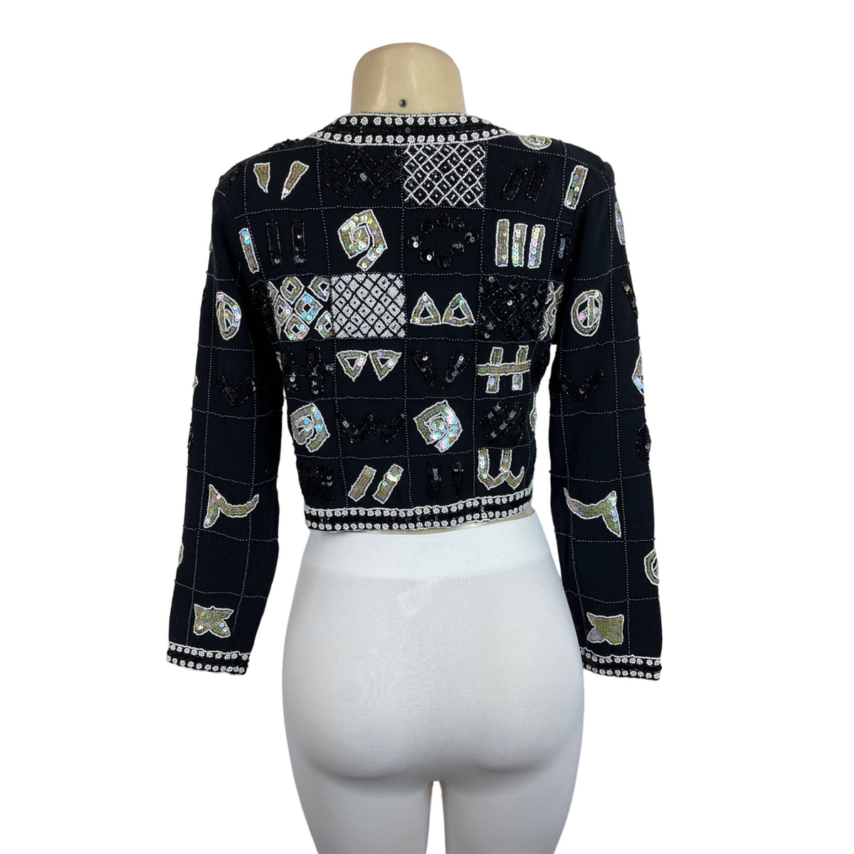 Vtg Linda Rico Beaded Sequin Black Jacket Geometric Patterns Embellishments Sz S