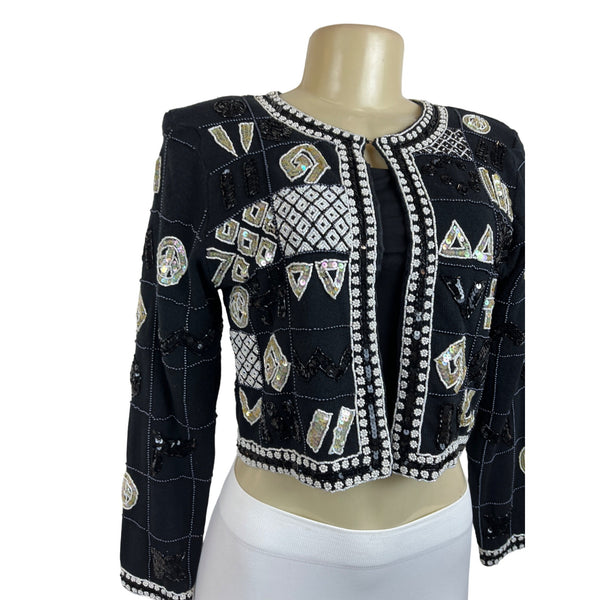 Vtg Linda Rico Beaded Sequin Black Jacket Geometric Patterns Embellishments Sz S