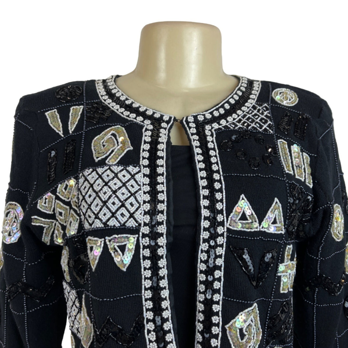 Vtg Linda Rico Beaded Sequin Black Jacket Geometric Patterns Embellishments Sz S