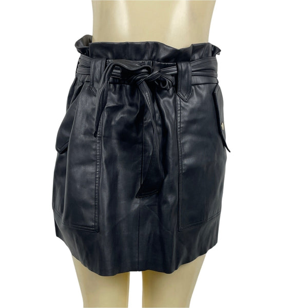 Zara Womens Black Leather A-Line Mini Skirt With Paperbag Waist Size L