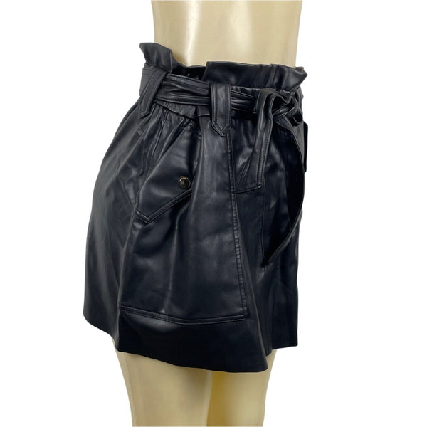 Zara Womens Black Leather A-Line Mini Skirt With Paperbag Waist Size L