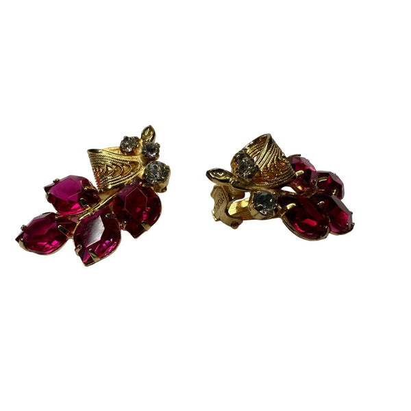 Austria Purple Pink Rhinestone Flower Vintage Earrings