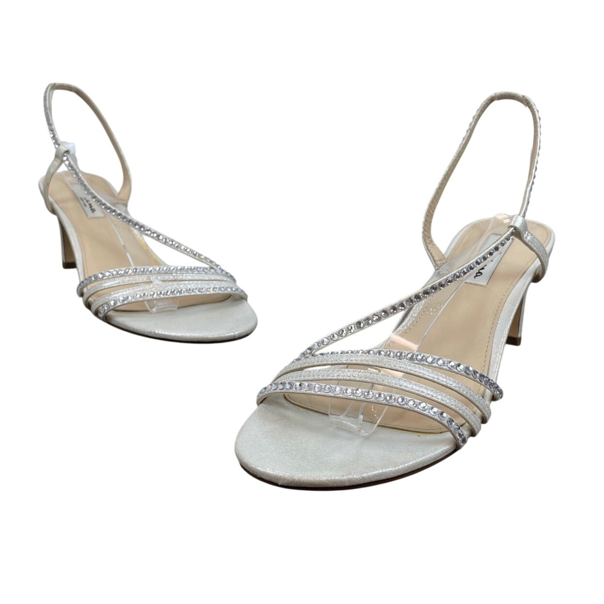 Nina Taupe Crystal Satin With Rhinestone Straps & Leather Slingback Heels Sz 8.5