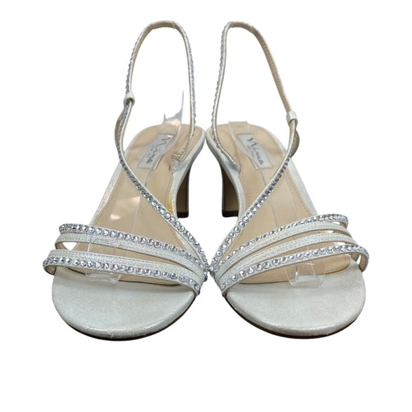 Nina Taupe Crystal Satin With Rhinestone Straps & Leather Slingback Heels Sz 8.5