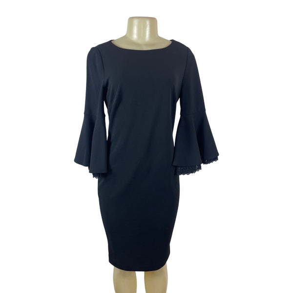 Calvin Klein Black Bell Sleeve Knee-Length Dress With Lace Trim Size 6