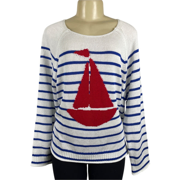 Loft Womens Striped White and Blue Sweater With Red Sailboat Size M - NWT