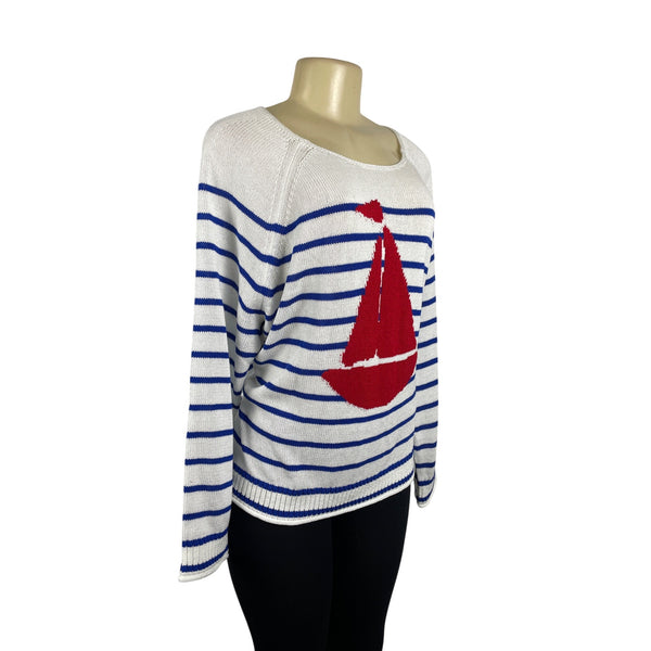 Loft Womens Striped White and Blue Sweater With Red Sailboat Size M - NWT