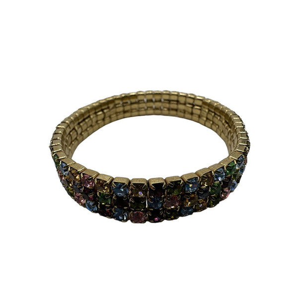 Vintage Colorful Rhinestones Gold Tone Elegant Elastic Bracelet