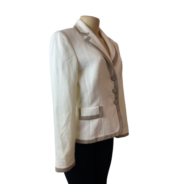 Tahari Women's White Women's Ivory ith Beige Border and ButtonsTweed Blazer Sz 8