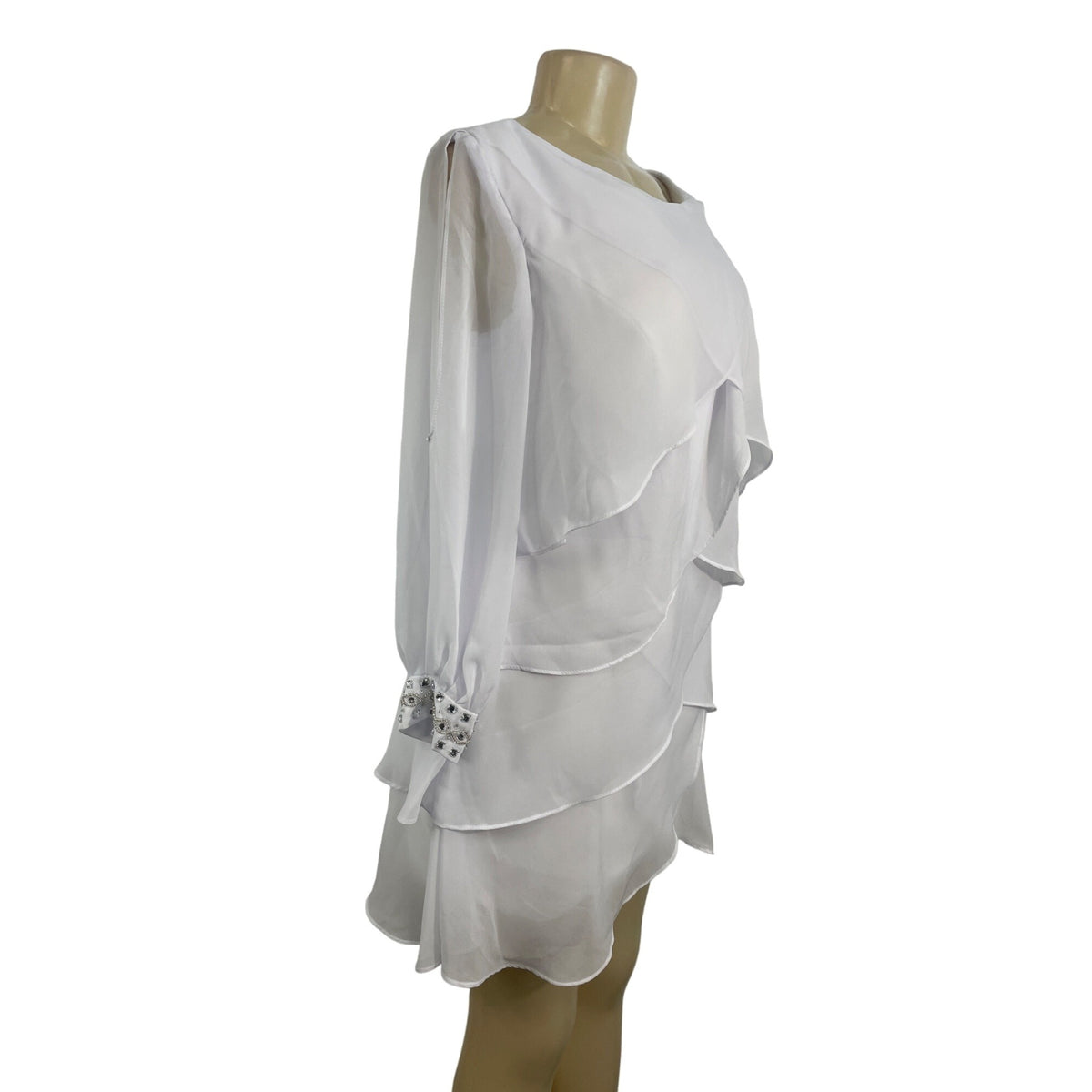 LantTing Bride Women's White Long Sleeve Short Tiered Chiffon Dress