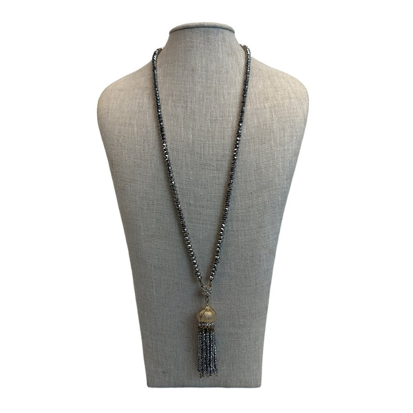 Crystal Beads Necklace with CZ Silver Beads and Tassel - 32in