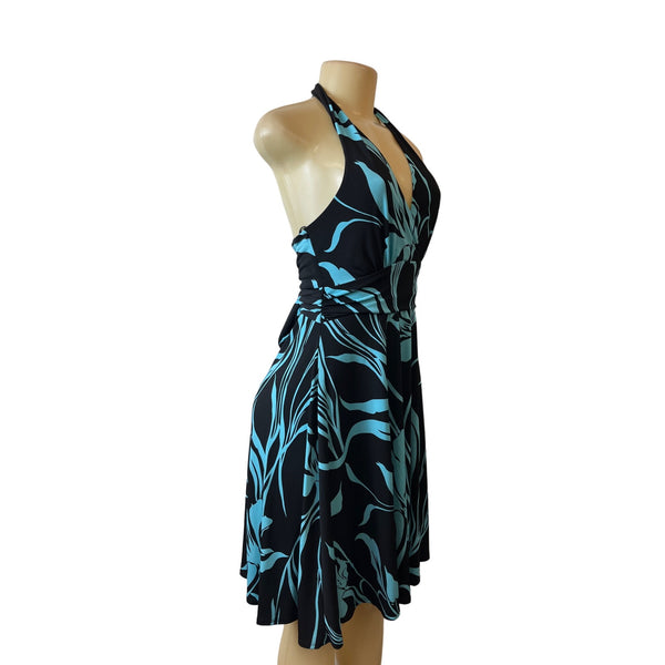 Roulette Women's Black Blue Halter Neck Ocassion Midi Dress Sz M- NWT