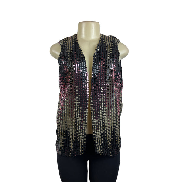 Vintage Sequin Sleeveless Vest Black & Gold With Pink Accents Womens One Size