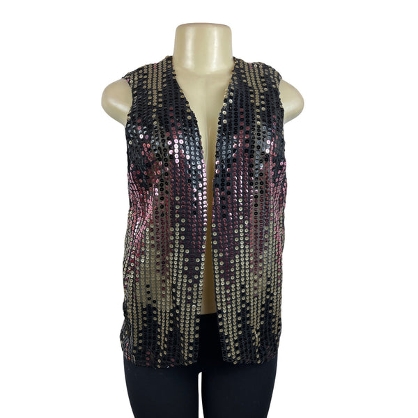 Vintage Sequin Sleeveless Vest Black & Gold With Pink Accents Womens One Size