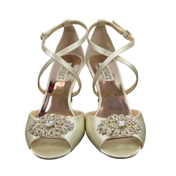 Badgley Mischka Womens Ivory Satin Rhinestone Detail Abigail Wedge Heel Size 7