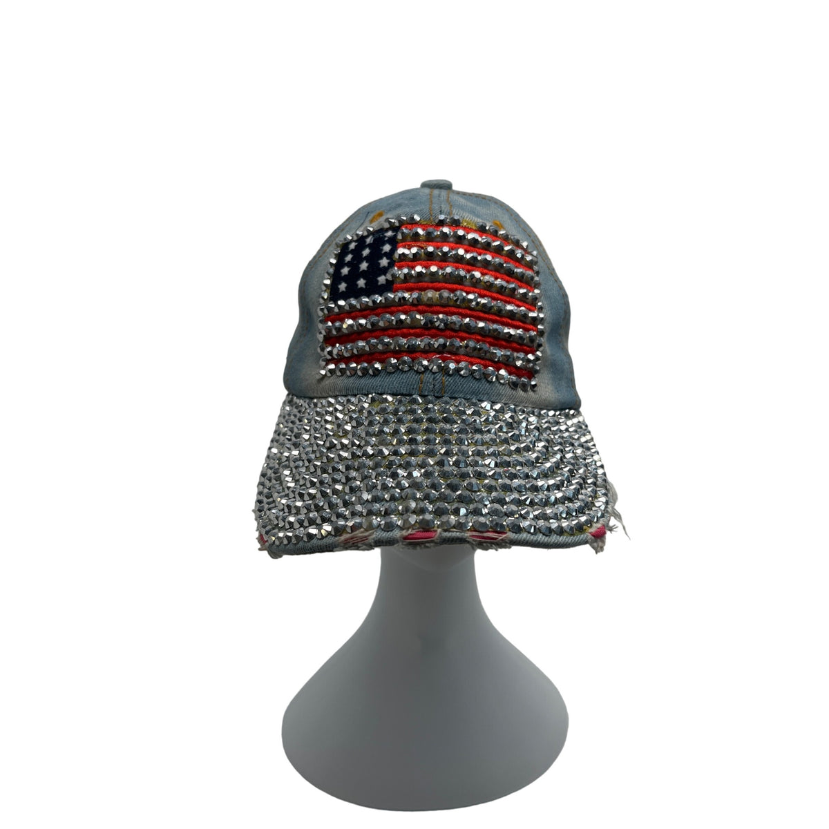 American USA Flag Rhinestone Distressed Design Denim Cap With Adjustable Strap