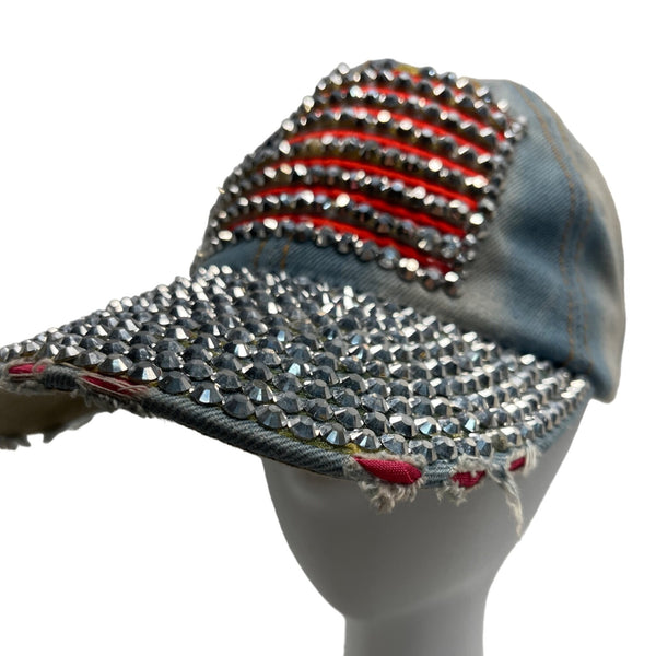 American USA Flag Rhinestone Distressed Design Denim Cap With Adjustable Strap