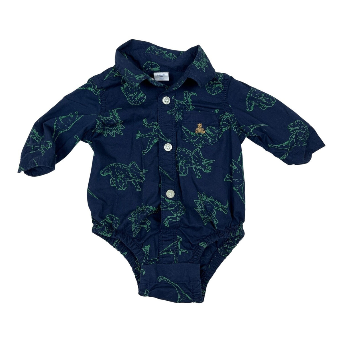 Baby GAP Navy Dinosaur Print Bodysuit With Long Sleeves & Button Front Sz 0-3M