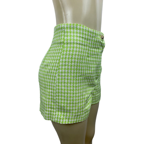 Zara Womens Green & White Houndstooth High-Waisted Tweed Shorts Size M