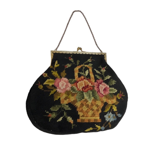 Vintage Women's Black Antique & Modern Floral Design Evening Hand Bag Sz S