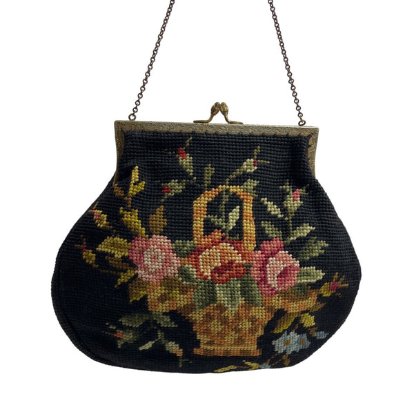 Vintage Women's Black Antique & Modern Floral Design Evening Hand Bag Sz S