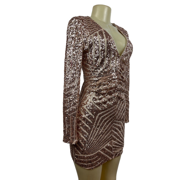 Boohoo Women’s Rose Gold Sequin Long Sleeve V Collar Short Dress Sz 2