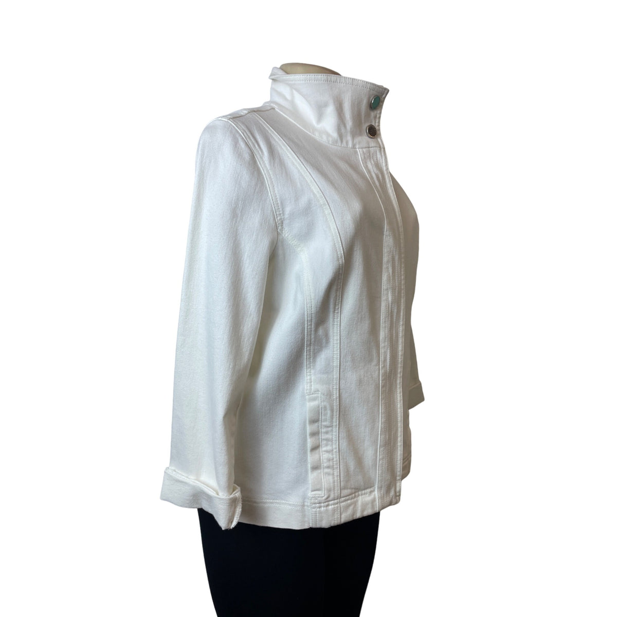 Chicos White Long Sleeve Womens Denim Jacket High Collar Sz 1