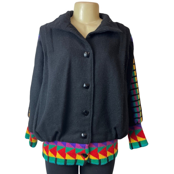 Vintage Ragamuffin Black Multicolored Button Down Wool Cardigan Sweater Sz M/L