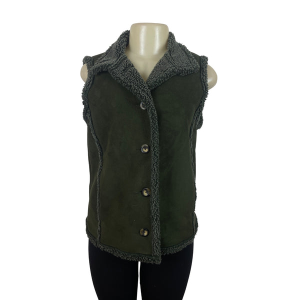 L.L. Bean Womens Olive Green Sherpa Lined Button-Down Vest Size S