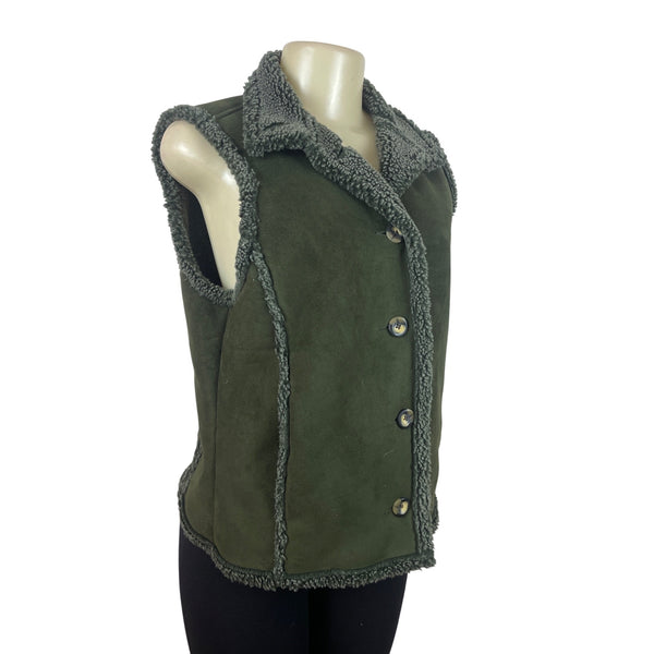 L.L. Bean Womens Olive Green Sherpa Lined Button-Down Vest Size S