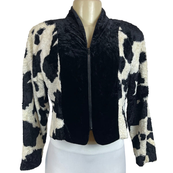 Eiffel Women's Black & White Cow Print Faux Fur Jacket Fuzzy Long Slleeve Sz M/L