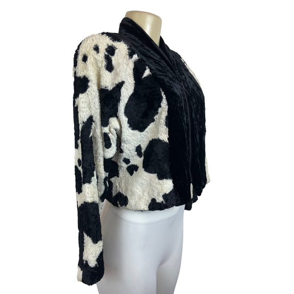 Eiffel Women's Black & White Cow Print Faux Fur Jacket Fuzzy Long Slleeve Sz M/L