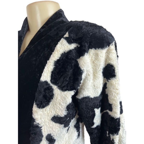 Eiffel Women's Black & White Cow Print Faux Fur Jacket Fuzzy Long Slleeve Sz M/L