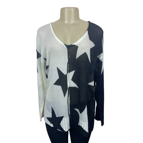 Elan Star Pattern Acrylic Sweater Black & White V-Neck Long Sleeve One size- NEW