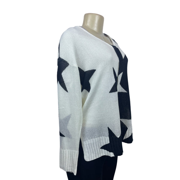 Elan Star Pattern Acrylic Sweater Black & White V-Neck Long Sleeve One size- NEW