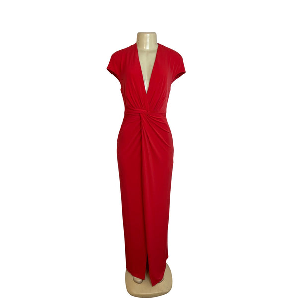 Halston Vintage Red Knotted Maxi Dress With Cap Sleeves & Slit Size S/P