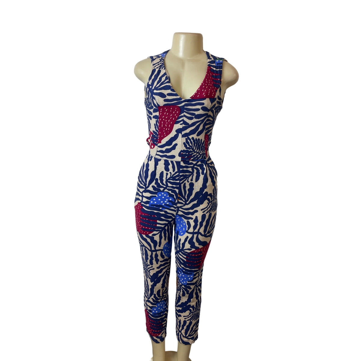 Can Tao Multicolor Sleeveless Sz XS/S Button-Up on Back Waist Tie Women Jumpsuit