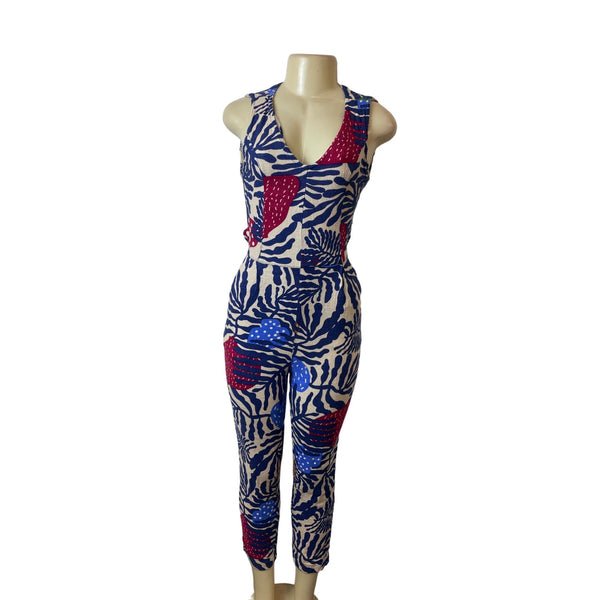 Can Tao Multicolor Sleeveless Sz XS/S Button-Up on Back Waist Tie Women Jumpsuit