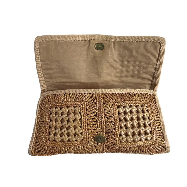 Vintage Raffia Women’s Woven Wicker Beige Straw Clutch Purse Bag Sz S